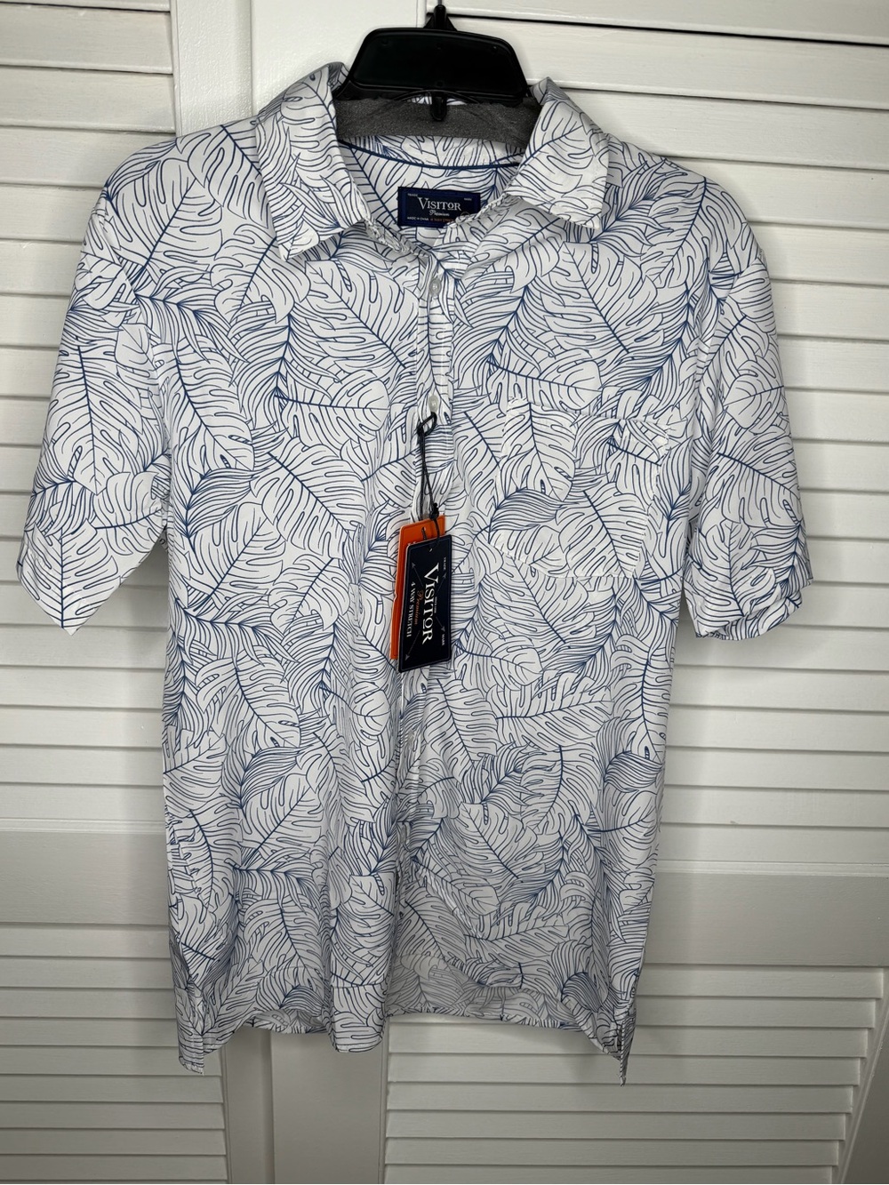 Visitor Men’s White Polo with Navy Leaf Print